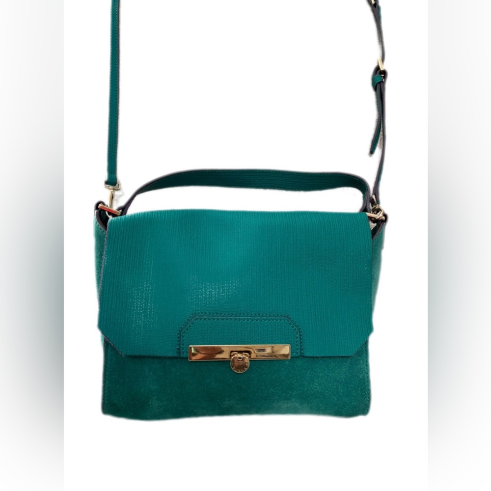 Furla Teal Leather & Suede Crossbody – Flap Style – Like New